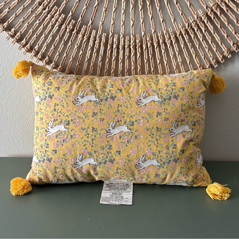Golden Yellow threshold  Floral Rabbit Pillow with Tassels